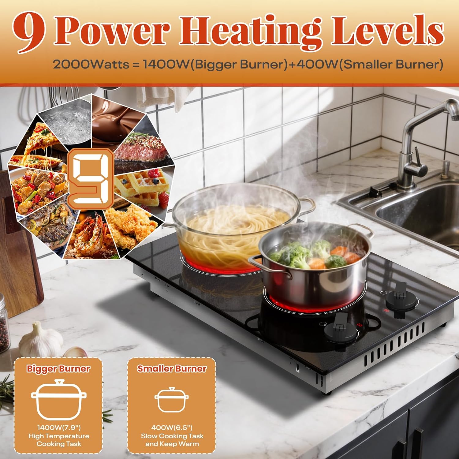 2 Burner Electric Cooktop - 110v Countertop and Built-in Electric Stove 2000W, 12 Inch Ceramic Stove with Residual Heat Indicator, Over-Temperature Protection, Knob Control, 110-120V Plug in