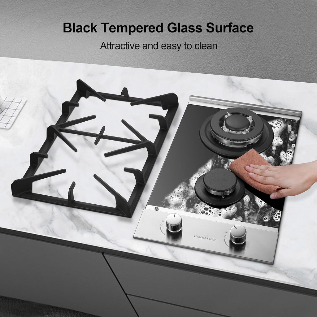 Eascookchef 2 Burner Gas Cooktop, 12 inch LPG/NG Dual Fuel Built-in Gas Stove Top, Black Tempered Glass Stove, Propane Cooktop for Apartment, Outdoor, RV, With Thermocouple Protection