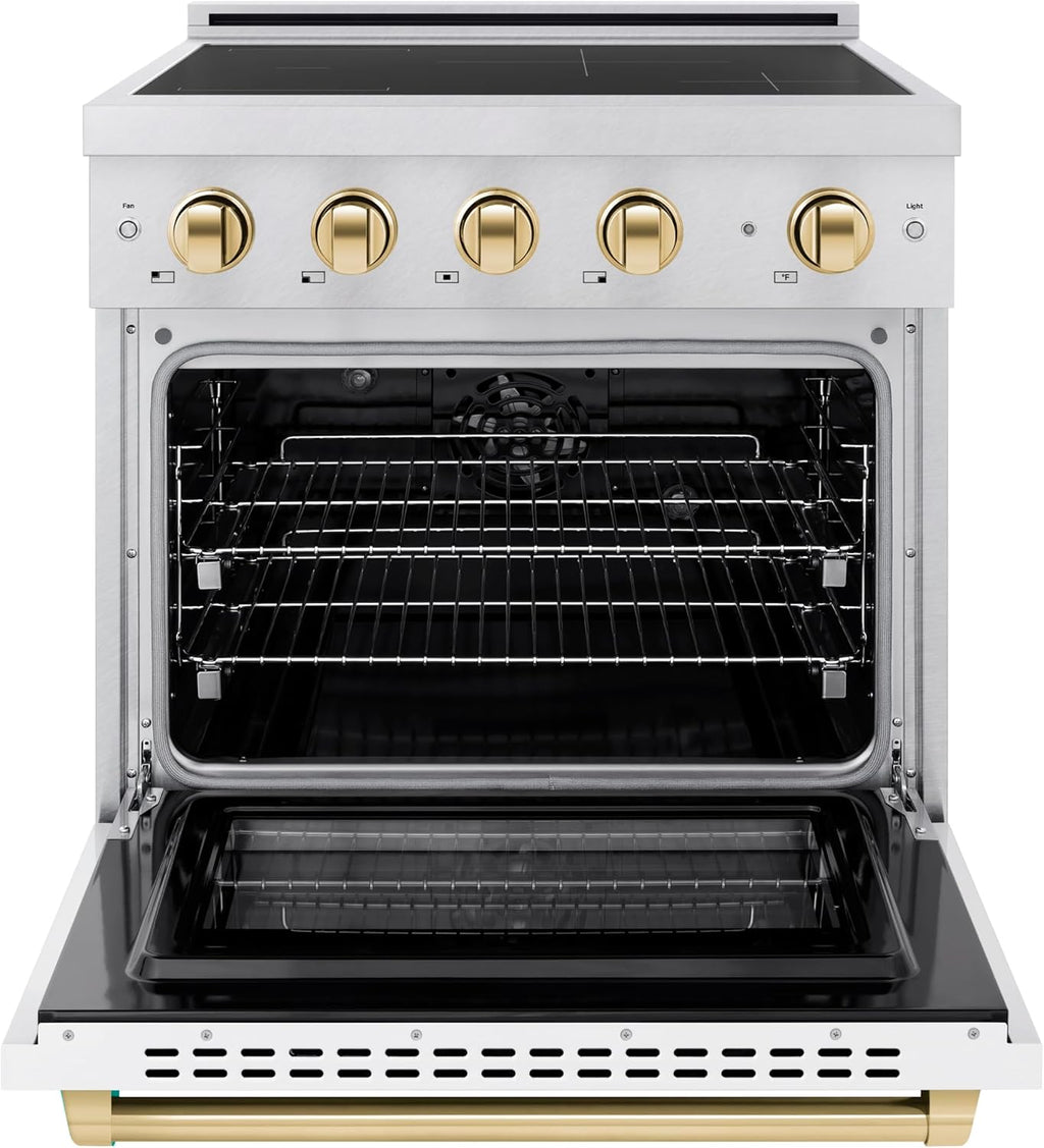 ZLINE Autograph Edition 30 in. 4.2 cu. ft. Paramount Induction Range with 4 Element Cooktop and Electric Convection Oven in Satin Stainless Steel with White Matte Door and Polished Gold Accents