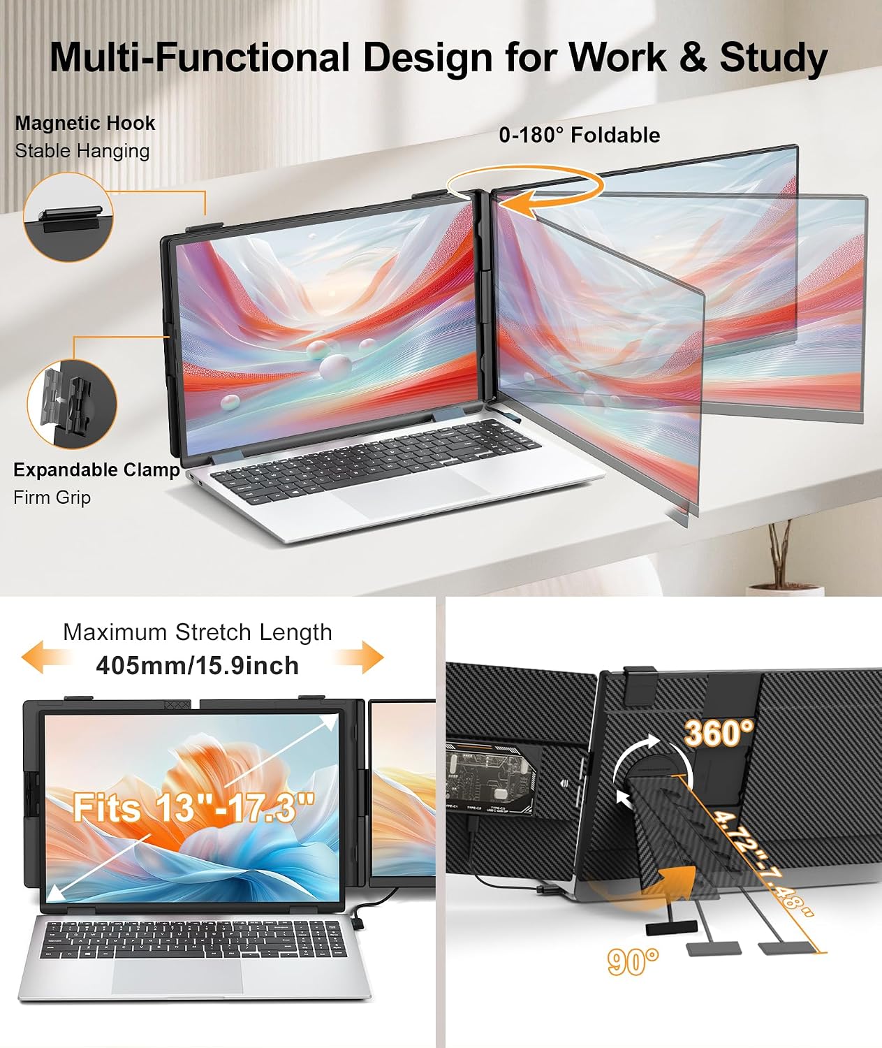 15.6' Laptop Screen Extender, Ultra-Slim FHD 1080P Portable Monitor, Detachable Dual Monitor Travel & Remote Work, Plug and Play for 13'-17.3' Laptops, for Windows/Mac/Android/Chrome