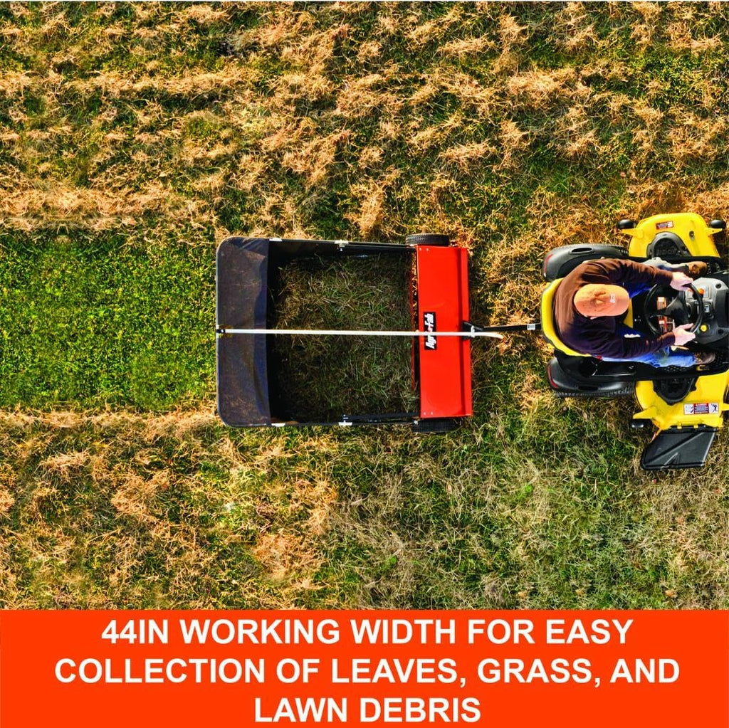 Agri-Fab 45-0492 44' Tow-Behind Lawn Sweeper, 28 cu. ft Hopper Bag Capacity; Leaf & Grass Catcher, with Adjustable Brush Height and Dump From Seat Handle