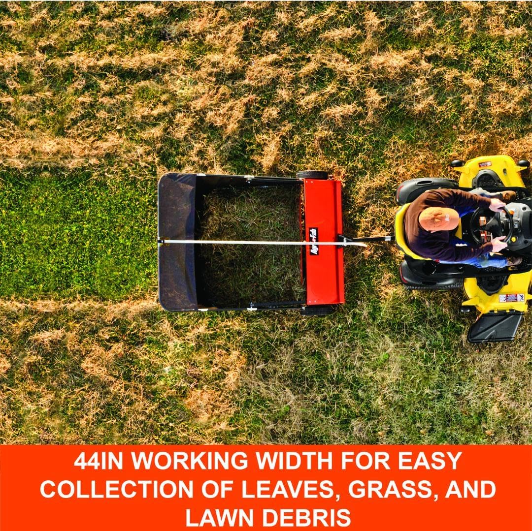 Agri-Fab 45-0492 44' Tow-Behind Lawn Sweeper, 28 cu. ft Hopper Bag Capacity; Leaf & Grass Catcher, with Adjustable Brush Height and Dump From Seat Handle