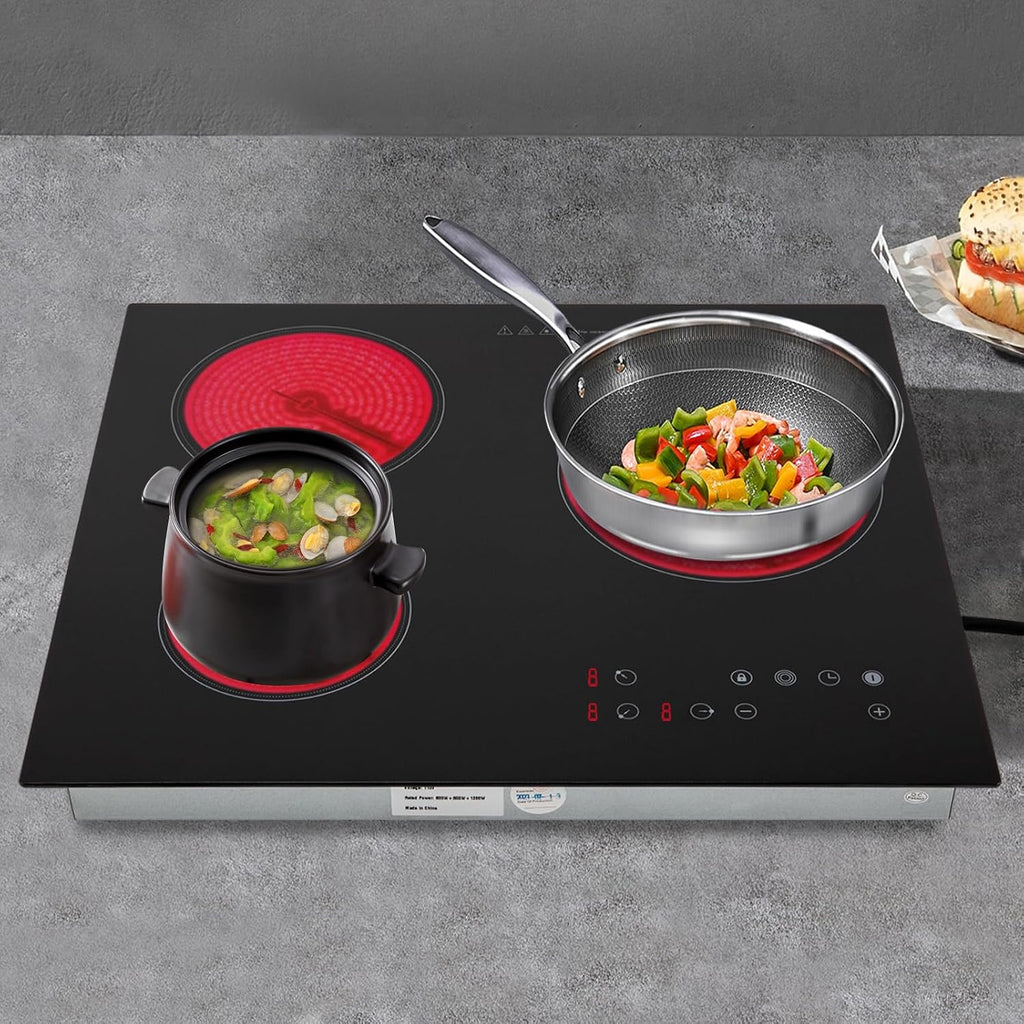 110v Electric Stove Top Burner, Rv Ceramic Cooktop, Sensor Touch Control With Safety Lock, Timer ＆ 9 Heating Levels, Black (3 Burner, 800W+600W+1200W)