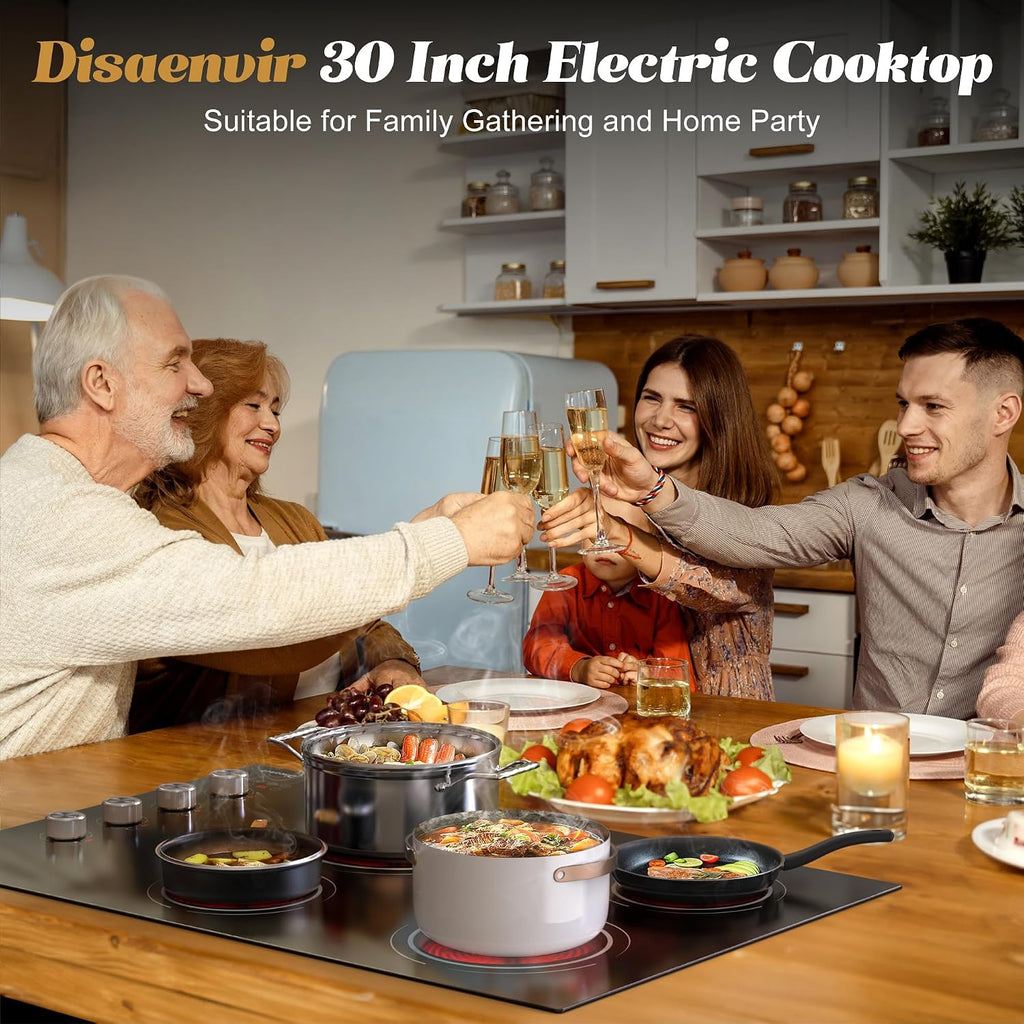 30 Inch Electric Cooktop 4 Burner - Built-in(29.13'x19.3') Ceramic Stovetop 6700W, 30' Electric Cook Top with Timer, Safety Lock, Pause, Dual Ring, 220V - 240V Hard Wire (Black-Sliver Knob)