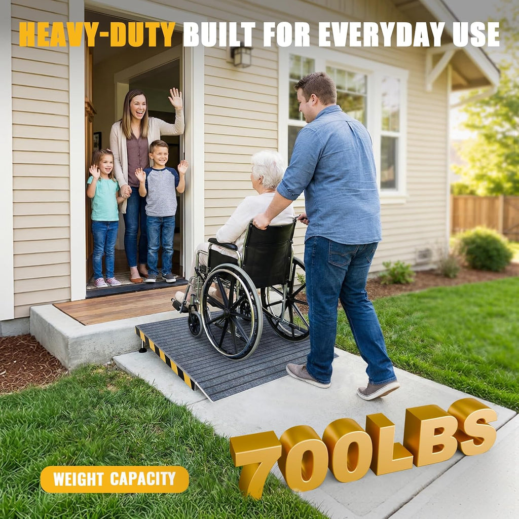 Aluminum Threshold Ramp for Doorways, 36' x 36', Adjustable for 3.34' to 6.3' Rise, Includes Non-Slip Thick Door Mat, Non-Slip Surface, Portable Wheelchair Ramp for Steps, Curbs and Entryways