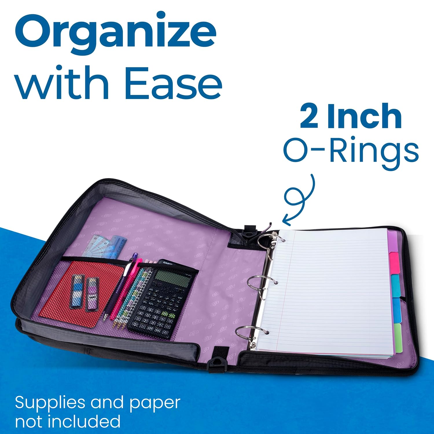 Case-it Universal Zipper Binder | 2-Inch O-Rings, 13-Inch Laptop/Tablet Padded Pocket, 400 Sheet Capacity, Multiple Storage Pockets & Shoulder Strap | School & Office Organizer | LT-007 Lavender