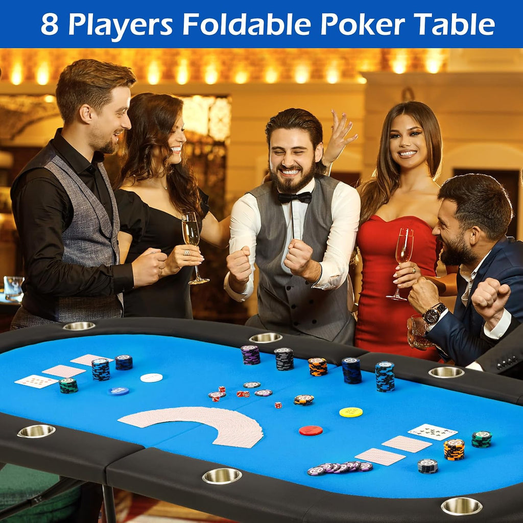ECOTOUGE 8 Players Poker Table Foldable, Poker Gaming Table w/Portable Storage Bag & Stainless Steel Cup Holder, Folding Oval Texas Holdem Table for Blackjack, Casino Game, Fully Assembled, Blue