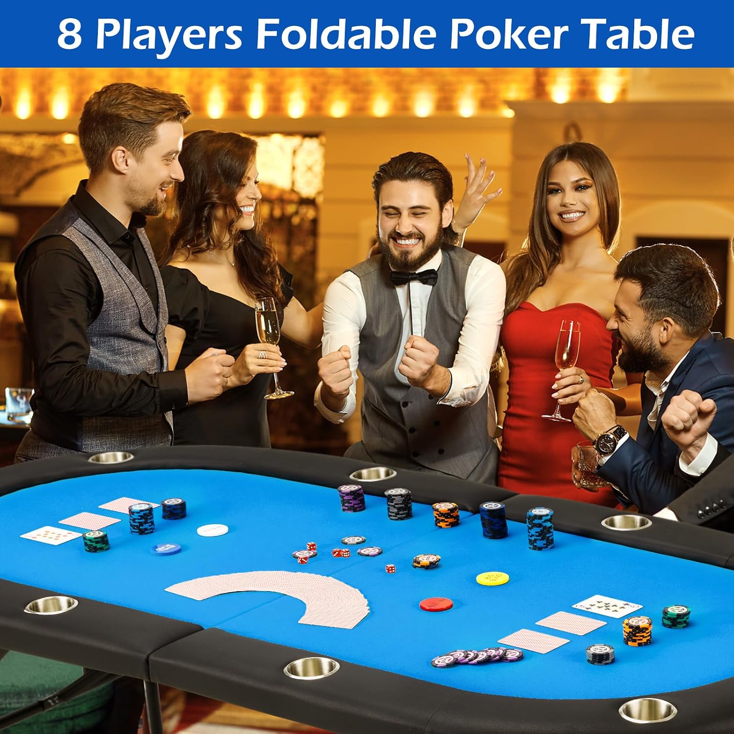 ECOTOUGE 8 Players Poker Table Foldable, Poker Gaming Table w/Portable Storage Bag & Stainless Steel Cup Holder, Folding Oval Texas Holdem Table for Blackjack, Casino Game, Fully Assembled, Blue