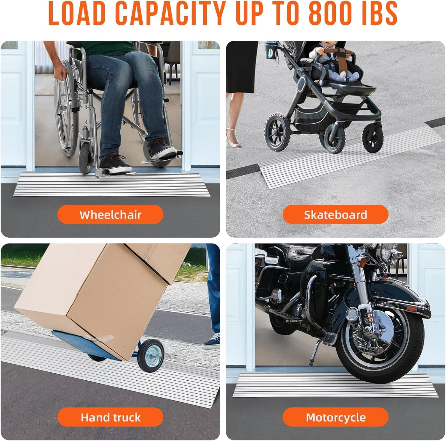 3' Aluminum Rise Door Threshold Ramp - Portable, Adjustable Telescoping Design, Non-Slip Surface, Rated 800 Lbs Load Capacity for Wheelchairs, Scooters, and Power Chairs