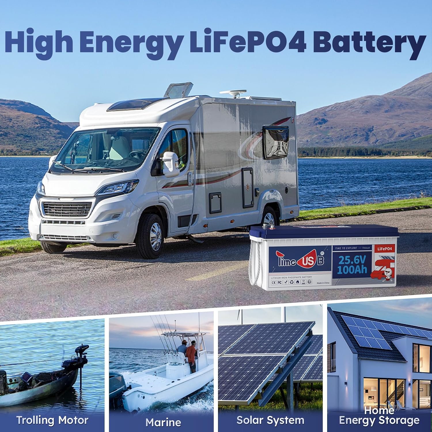 Timeusb 24V 100Ah LiFePO4 Battery, 2.56kWh Lithium Battery, Built-in 100A BMS, 10-Year Lifetime with Grade A LiFePO4 Cells, Perfect for RV, Camper, Home Energy Storage, Van, Off-Grid, etc