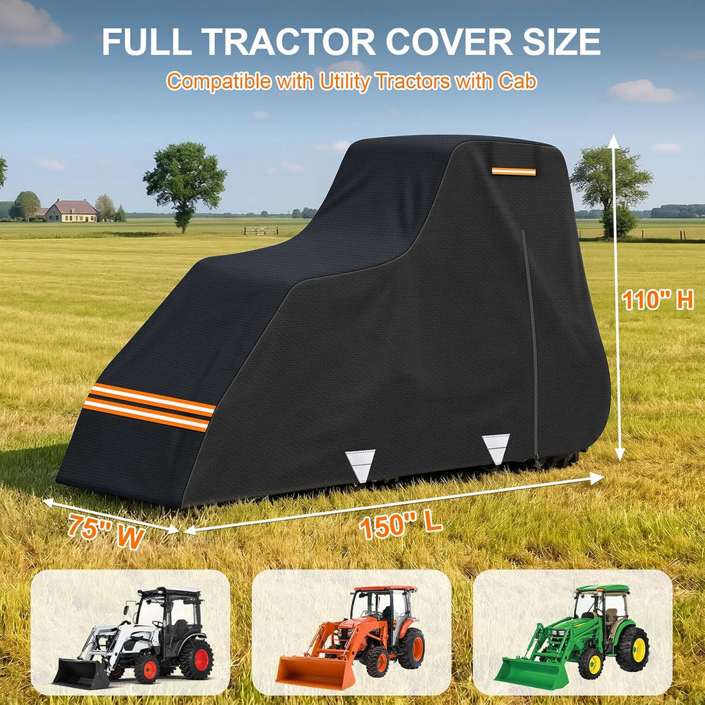 420D Waterproof Tractor Cover, Heavy-Duty All-Weather Protection Tractors Cover for Front Loaders & Backhoes, Compatible with John Deere, Kubota, Mahindra, MF,150' x 75' x 110'