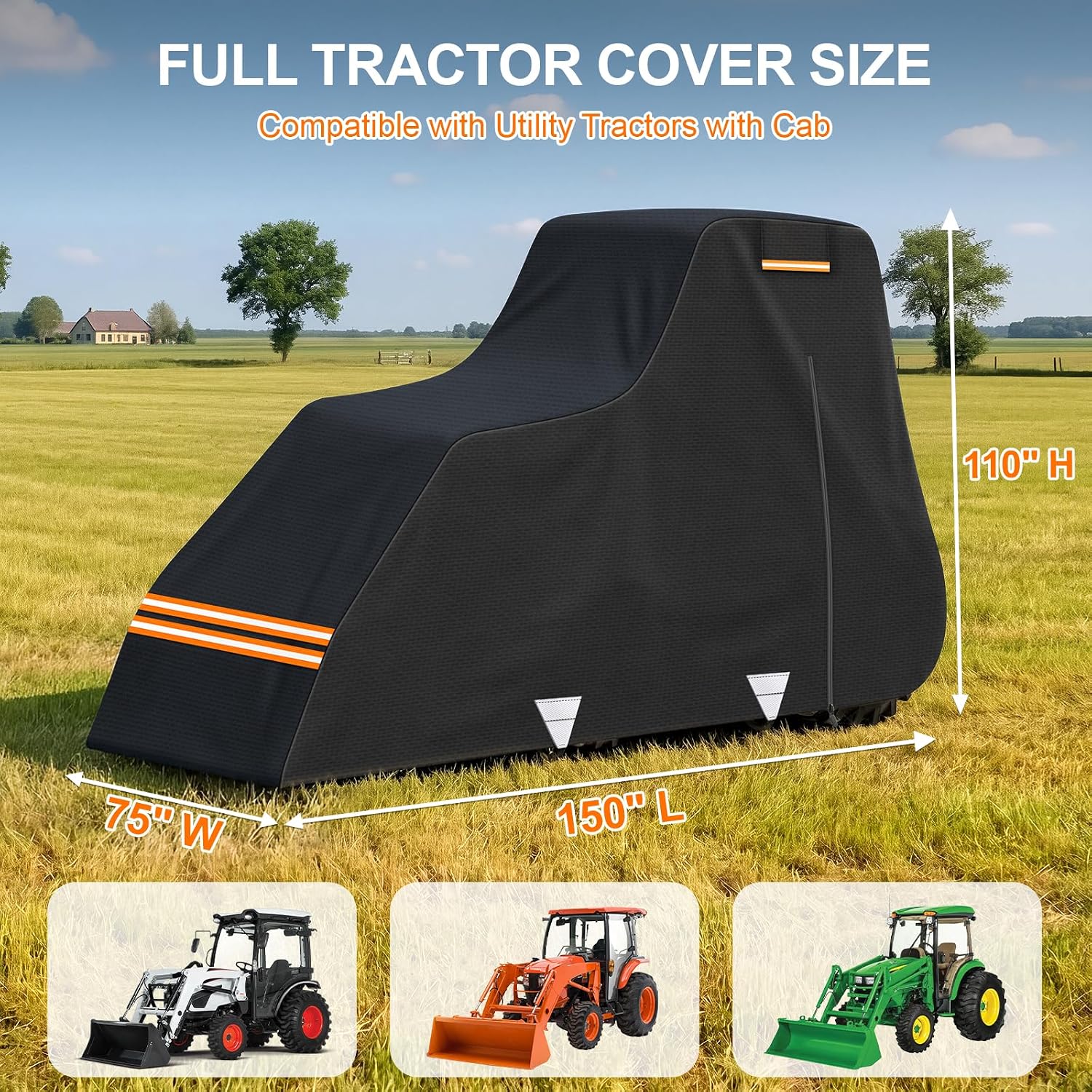 420D Waterproof Tractor Cover, Heavy-Duty All-Weather Protection Tractors Cover for Front Loaders & Backhoes, Compatible with John Deere, Kubota, Mahindra, MF,150' x 75' x 110'