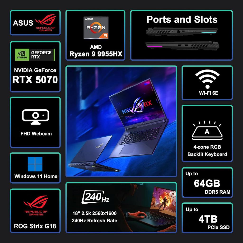 ASUS ROG Strix G18 G814 Gaming Laptop 18' 2.5k (2560x1600) 240Hz (100% DCI-P3, 3ms) AMD 16-core Ryzen 9 9955HX (>i9-14900HX) 64GB DDR5 2TB SSD GeForce RTX 5070 RGB Backlit WiFi6E Win11 ICP Hub