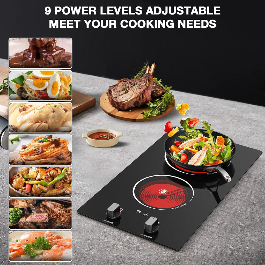 2 Burner Electric Cooktop, 2100W Electric Stove Top Hot Plate, 12 inch Countertop Burner & Built-In Stove Top, 9 Levels of Power, Knob Control, Timer & Kid Safety Lock, Residual Heat Warning