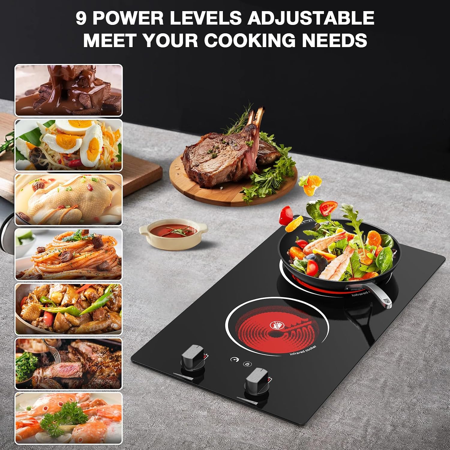 2 Burner Electric Cooktop, 2100W Electric Stove Top Hot Plate, 12 inch Countertop Burner & Built-In Stove Top, 9 Levels of Power, Knob Control, Timer & Kid Safety Lock, Residual Heat Warning