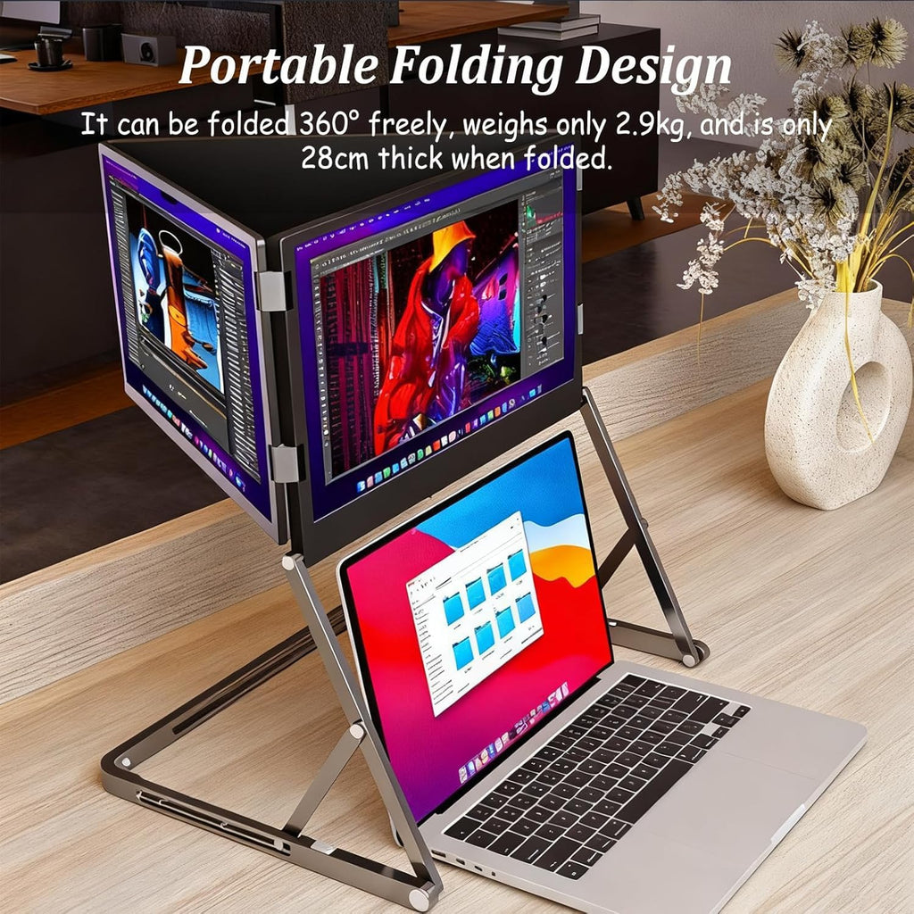 15.6in Laptop Tri-Fold Monitor, 1920 x 1080 FHD Portable Laptop Screen Extender, Extended Screen with 360° Rotation Acjustable Viewing Angles