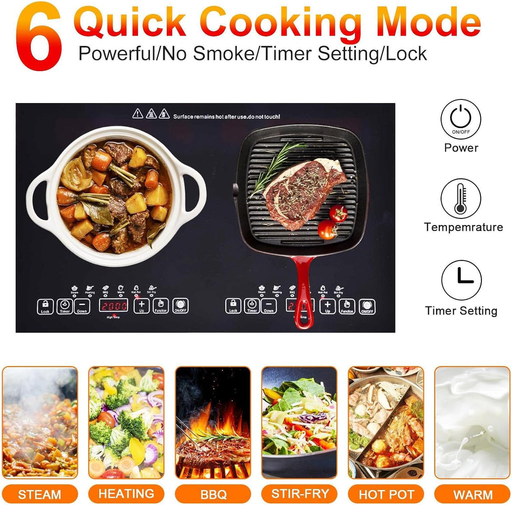 Double Induction Cooktop 2 Burner, 2000W+2000W Electric Induction Cooktop, 110V Table Top Stove Portable Electric Hob, 2 Preset Mode, Bulit-in/Countertop With LED digital display, for Kitchen, RV