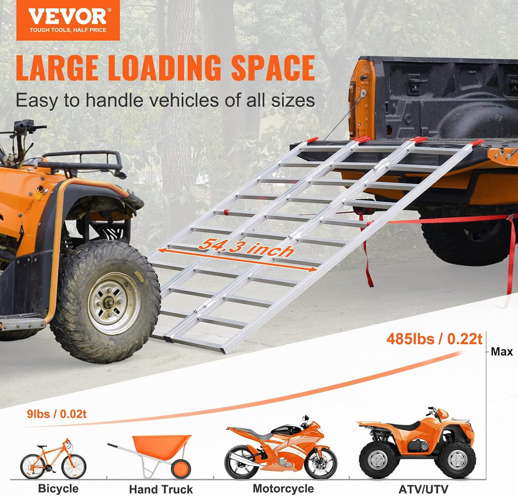 VEVOR Aluminum Ramps, 1500 lbs, Folding Loading Ramp with Load Straps, Tri-Fold Ramp for Motorcycles,UTVs, ATVs, Trucks, Lawnmowers, Snow Blowers, 77' L x 54' W, Sliver