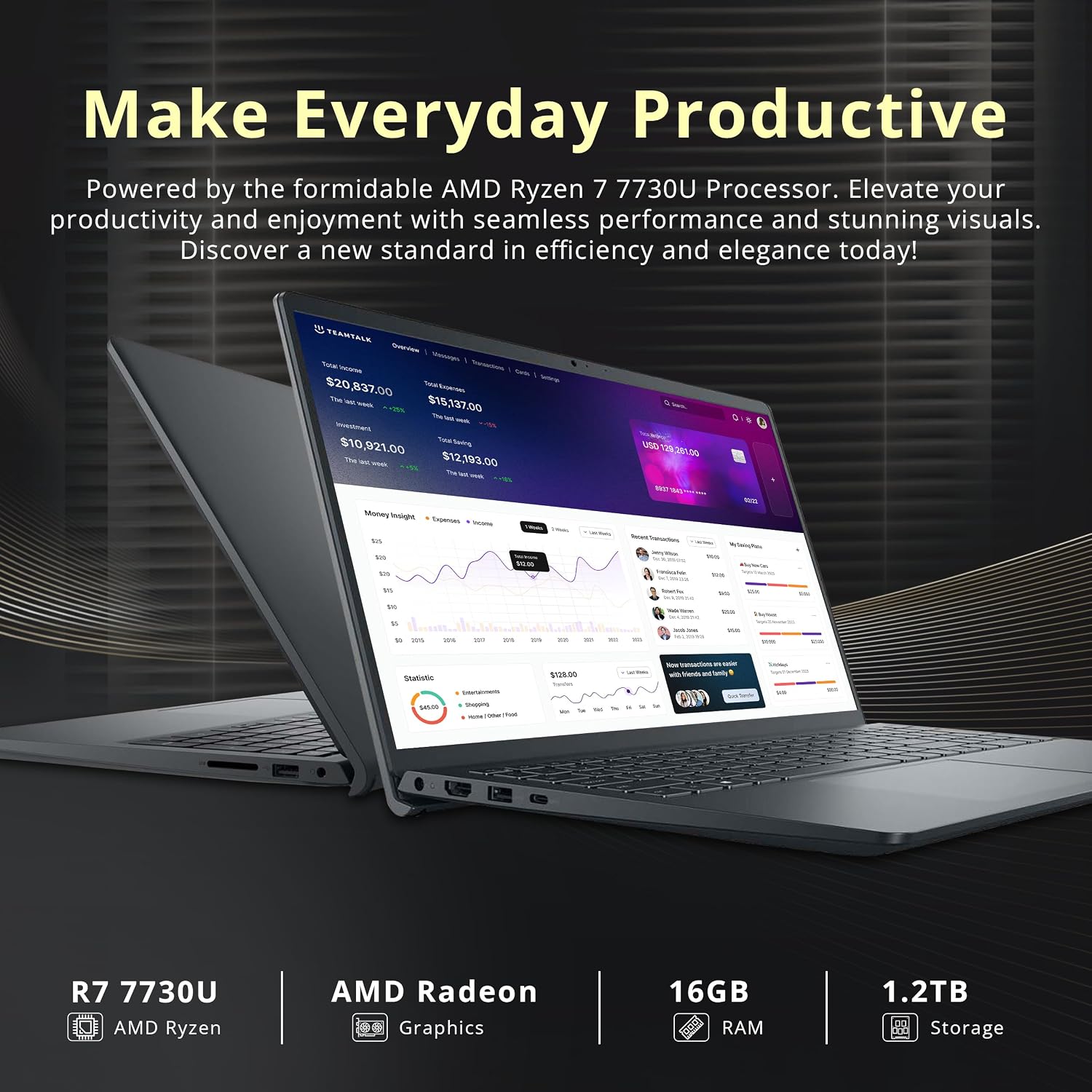 Dell Inspiron 15.6' FHD Touchscreen Laptop, AMD Ryzen 7 7730U, 16GB RAM, 1.2TB Storage(256GB SSD+1TB Docking Station Set), AMD Radeon Graphics, Number Pad, Webcam, Win 11 Pro, Black