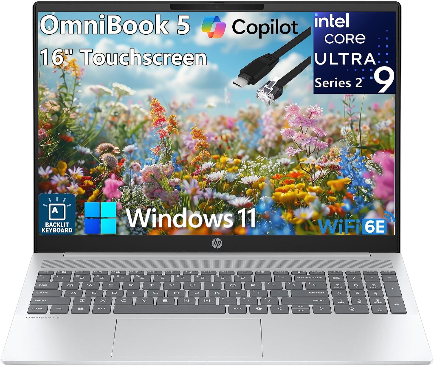 HP OmniBook 5 AI PC Touchscreen Laptop, Intel Ultra 9 285H, 32GB LPDDR5X RAM, 2TB NVMe SSD, 16' IPS, Intel Arc 140T, WiFi 6E, Backlit Keyboard, Windows 11 Home, Copilot+ Ready, Type C RJ45 Cable