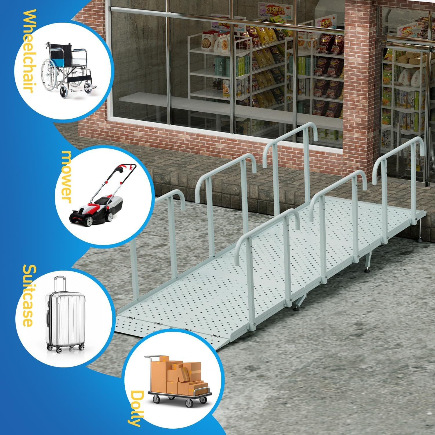 10'L x 36' W Portable Wheelchair Ramp with Handrails, Non-Slip Heavy Duty Handicap Ramp 850lbs Load Capacity, Wheelchair Ramp for Home Steps, Stairs, Doorway