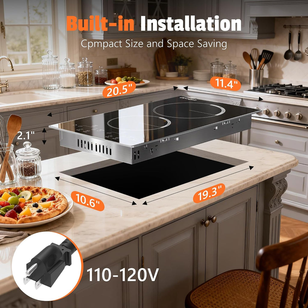2 Burner Electric Cooktop - 110v Countertop and Built-in Electric Stove 2000W, 12 Inch Ceramic Stove with Residual Heat Indicator, Over-Temperature Protection, Knob Control, 110-120V Plug in