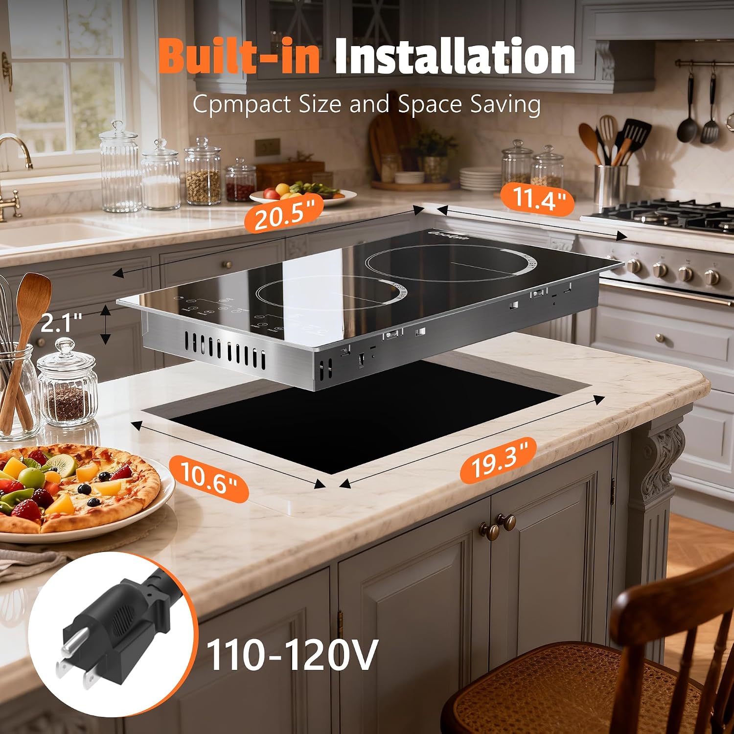 2 Burner Electric Cooktop - 110v Countertop and Built-in Electric Stove 2000W, 12 Inch Ceramic Stove with Residual Heat Indicator, Over-Temperature Protection, Knob Control, 110-120V Plug in