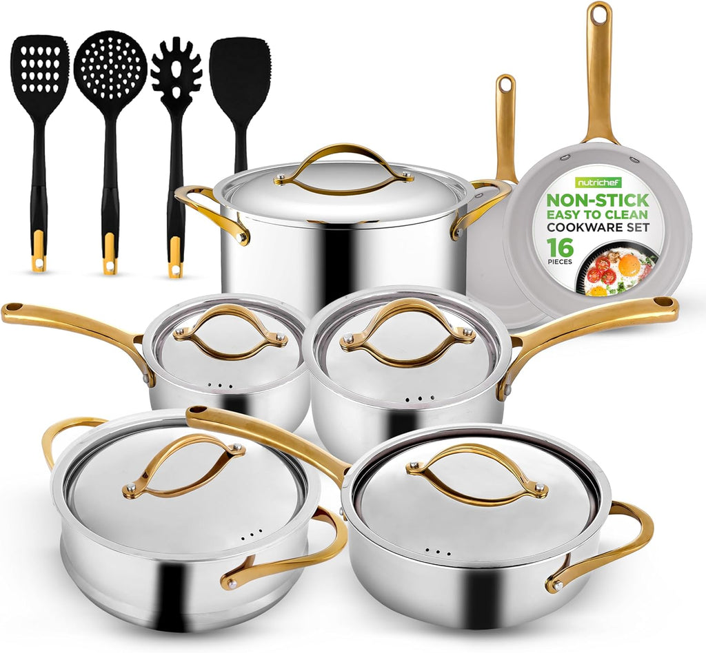 NutriChef 16 Piece Stainless Steel Cookware Set, Induction Cookware with Golden Handles - Non Stick Pots and Pans Set with lids and Utensils - PFOA/PFOS Free, Oven Safe, & Easy to Clean