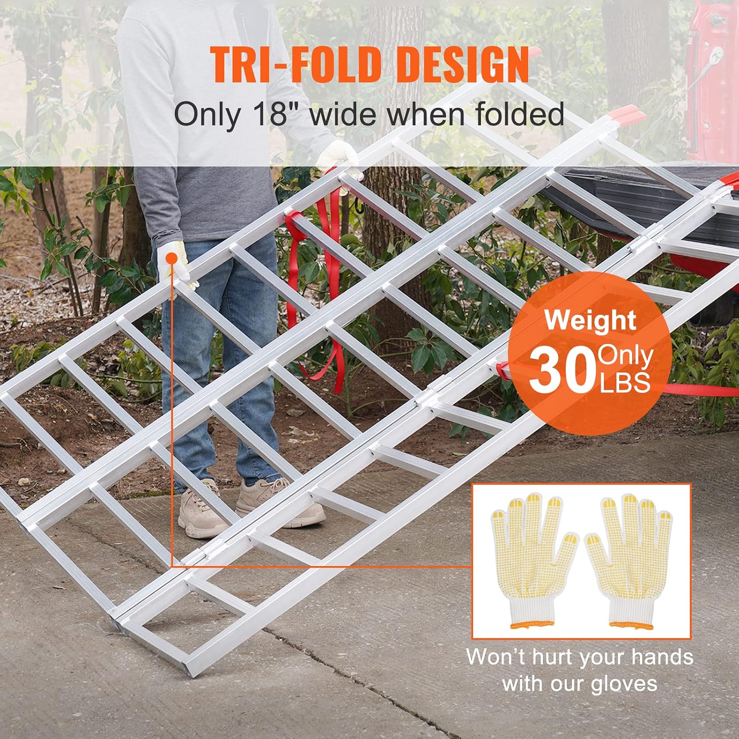 VEVOR Aluminum Ramps, 1500 lbs, Folding Loading Ramp with Load Straps, Tri-Fold Ramp for Motorcycles,UTVs, ATVs, Trucks, Lawnmowers, Snow Blowers, 77' L x 54' W, Sliver