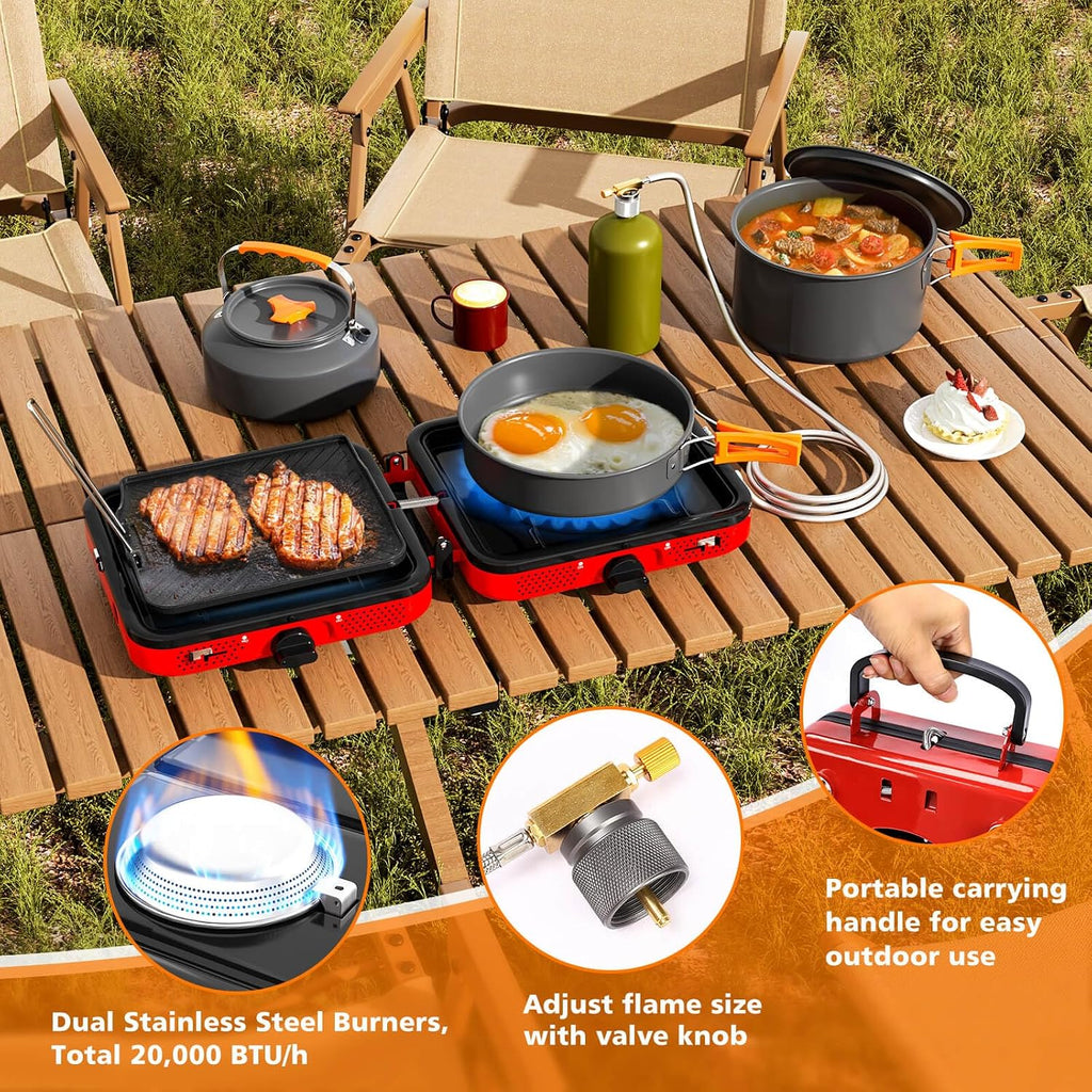Hisencn Camping Stove,2 Burner Propane Stove,20000 BTU/h Camping Cooking set Includes Frying Pan,Kettle and Pot,Adjustable Burners & Piezo Ignition,Portable stove for camping Outdoor,Red
