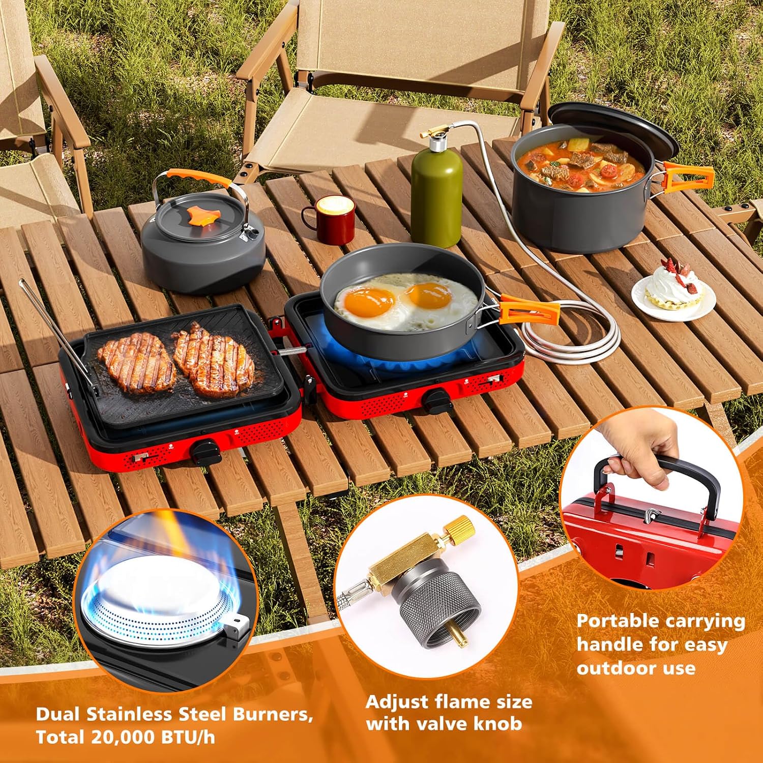 Hisencn Camping Stove,2 Burner Propane Stove,20000 BTU/h Camping Cooking set Includes Frying Pan,Kettle and Pot,Adjustable Burners & Piezo Ignition,Portable stove for camping Outdoor,Red
