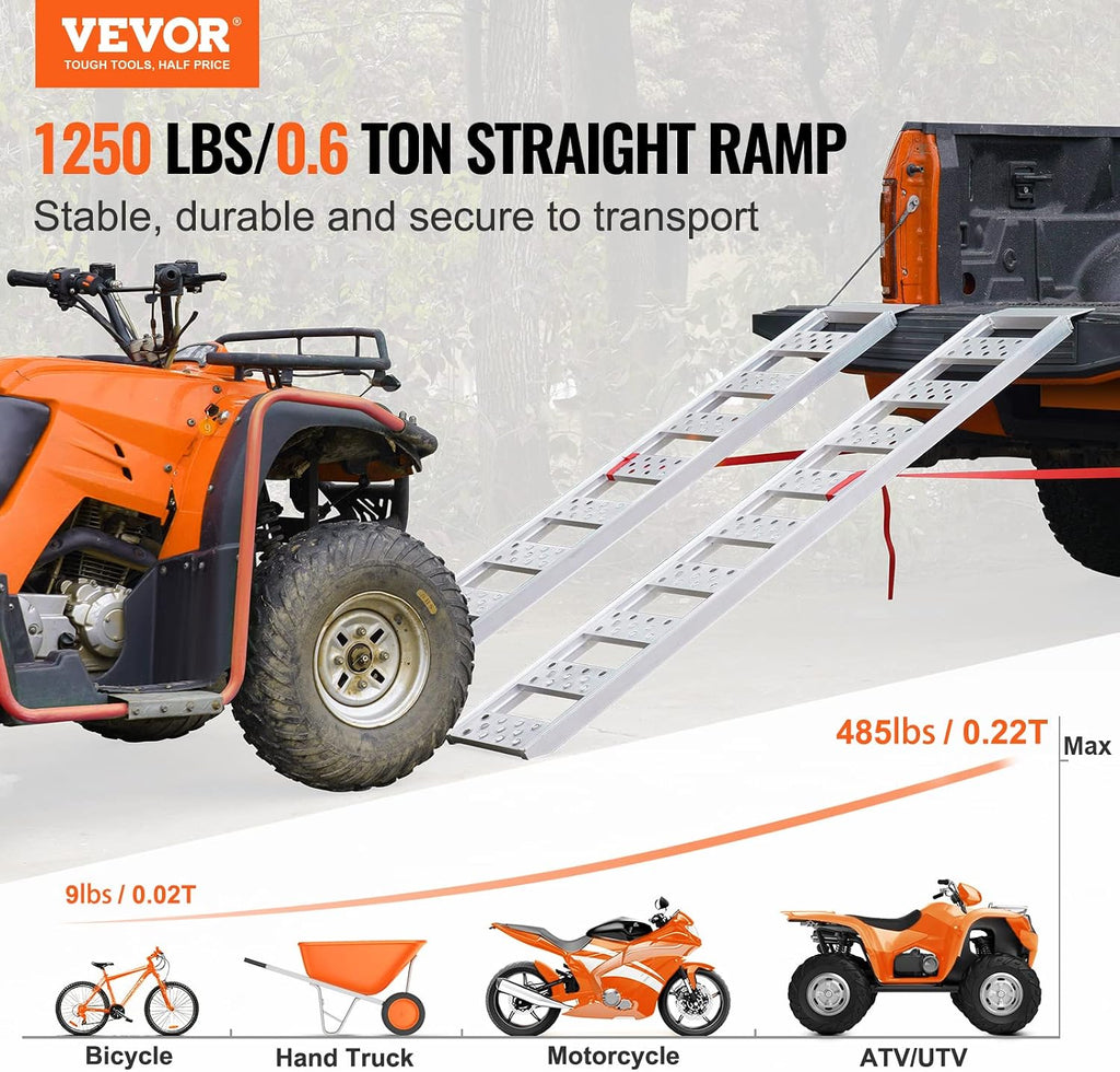 VEVOR Aluminum Ramps, 1250lbs, Straight Ramp with Treads and Load Straps, Portable Loading Ramp for Motorcycles, ATVs, Trucks, Lawn Mower, Dirt Bike, Garden Tractor, 78' L x 12' W, 2Pcs