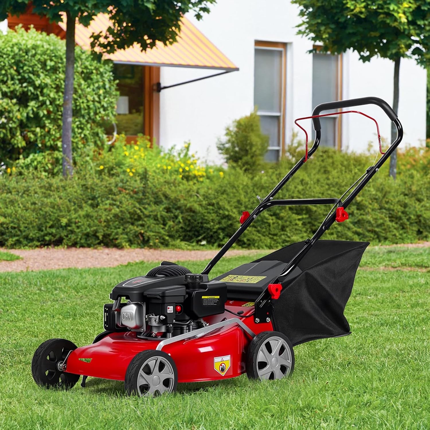 3-in-1 Self-Propelled Gas Push Lawn Mower, 131cc Walk-Behind Lawn Mower with 50L Grass Catcher | Mulch, Bag, Side-Discharge | Big Wheels & Rear-Wheel Drive for Yard Patio Garden, Weed Wacker