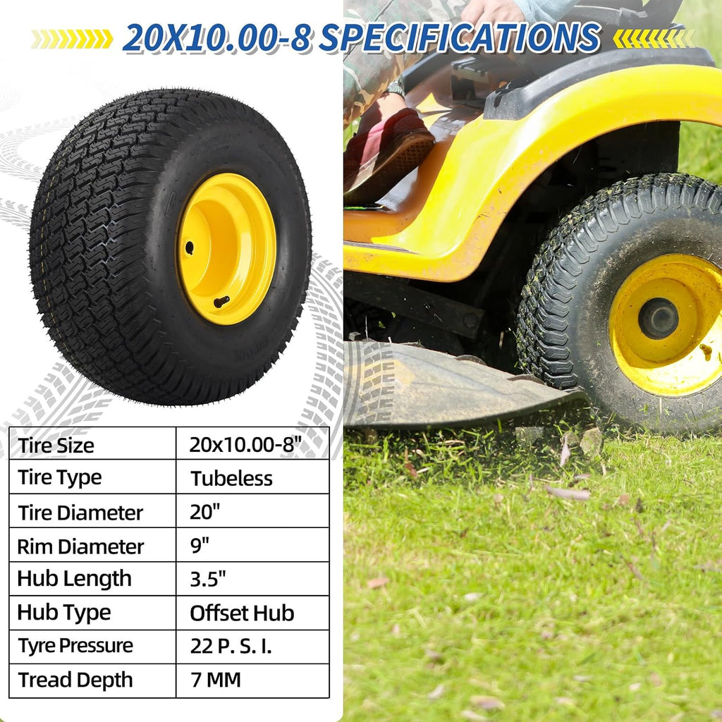 GICOOL 20x10.00-8 Lawn Mower Tire and Wheel, 3/4' Borehole, and 3/16' Keyway, 3.5' Offset Hub, 4 Ply Tubeless Tire, Replacement 20x10-8nhs Riding Lawn Mower and Tractor Rear Tire and Wheel Assemblies