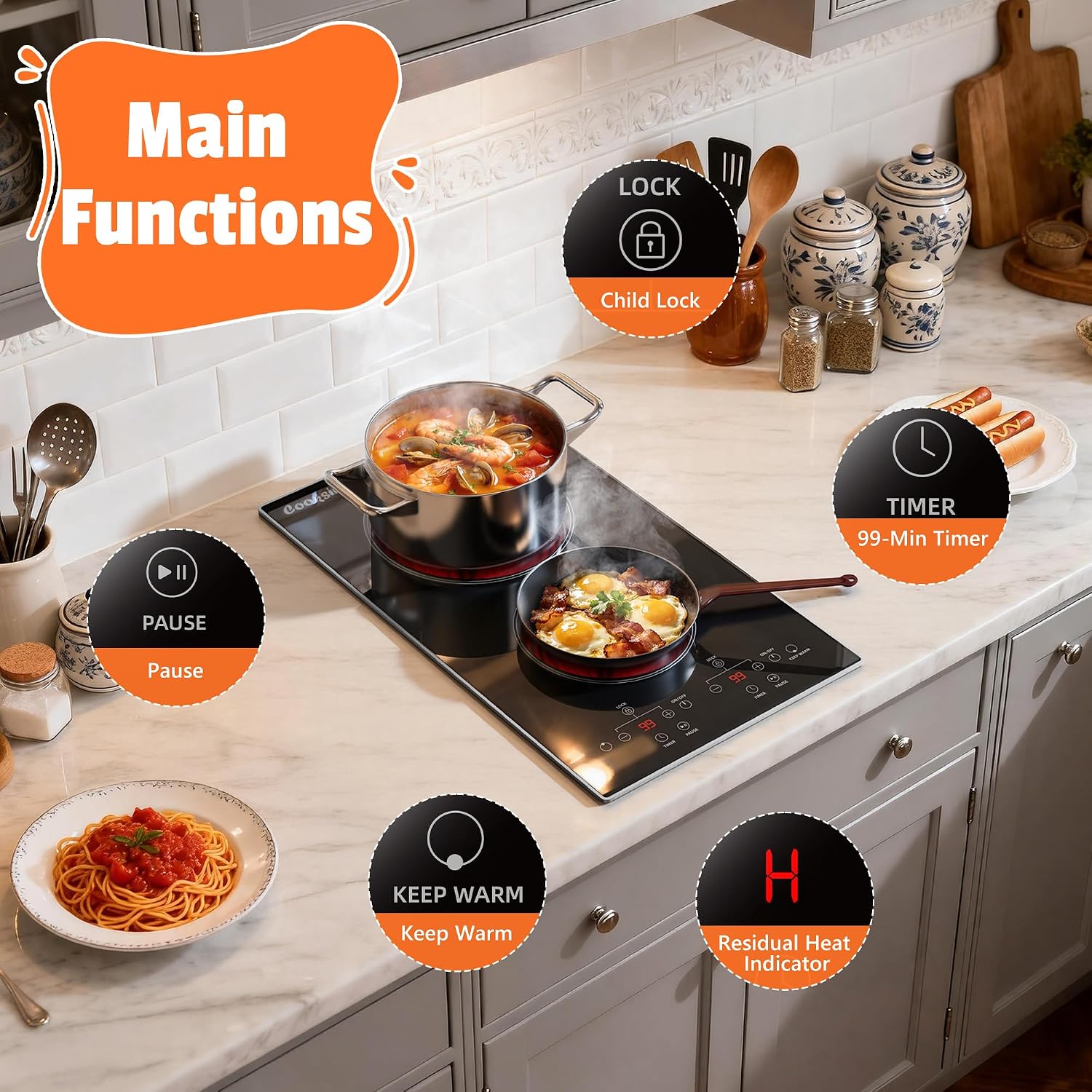 2 Burner Electric Cooktop - 110v Countertop and Built-in Electric Stove 2000W, 12 Inch Ceramic Stove with Residual Heat Indicator, Over-Temperature Protection, Knob Control, 110-120V Plug in