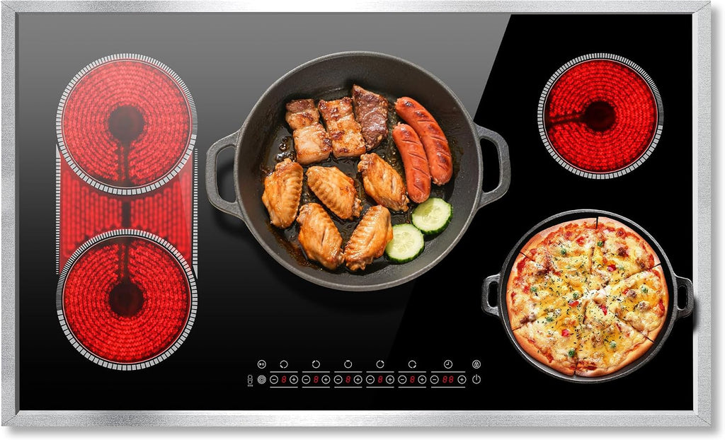 36 Inch Electric Cooktop, 5 Burner Stove Top Touch Control, 36' Glass Ceramic Stove Top 9600W with BBQ & Flexible Zone, Child Lock, Timer, Overheat Protection, 220-240V Hard Wired (No Plug)