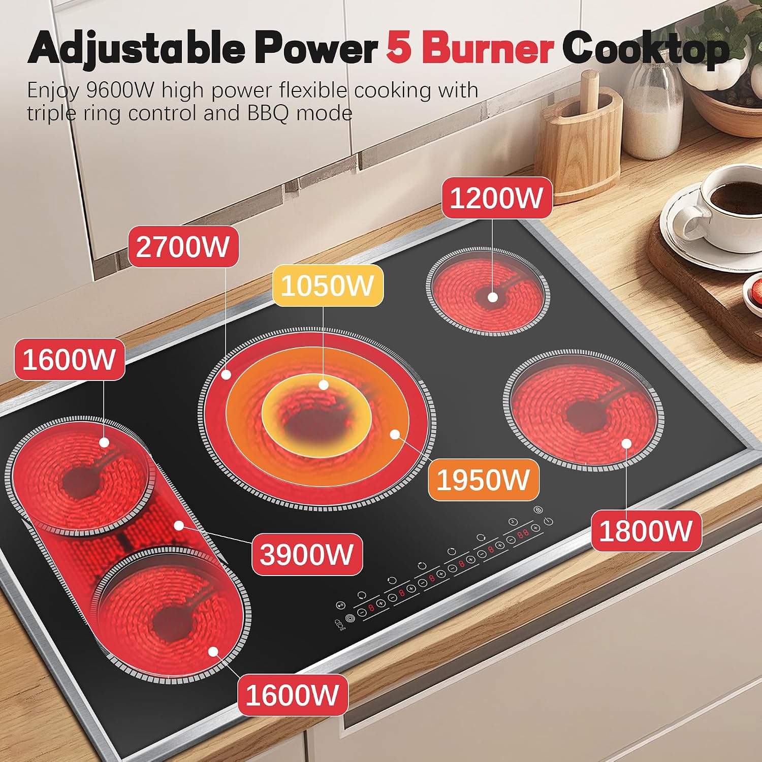 36 Inch Electric Cooktop, 5 Burner Stove Top Touch Control, 36' Glass Ceramic Stove Top 9600W with BBQ & Flexible Zone, Child Lock, Timer, Overheat Protection, 220-240V Hard Wired (No Plug)