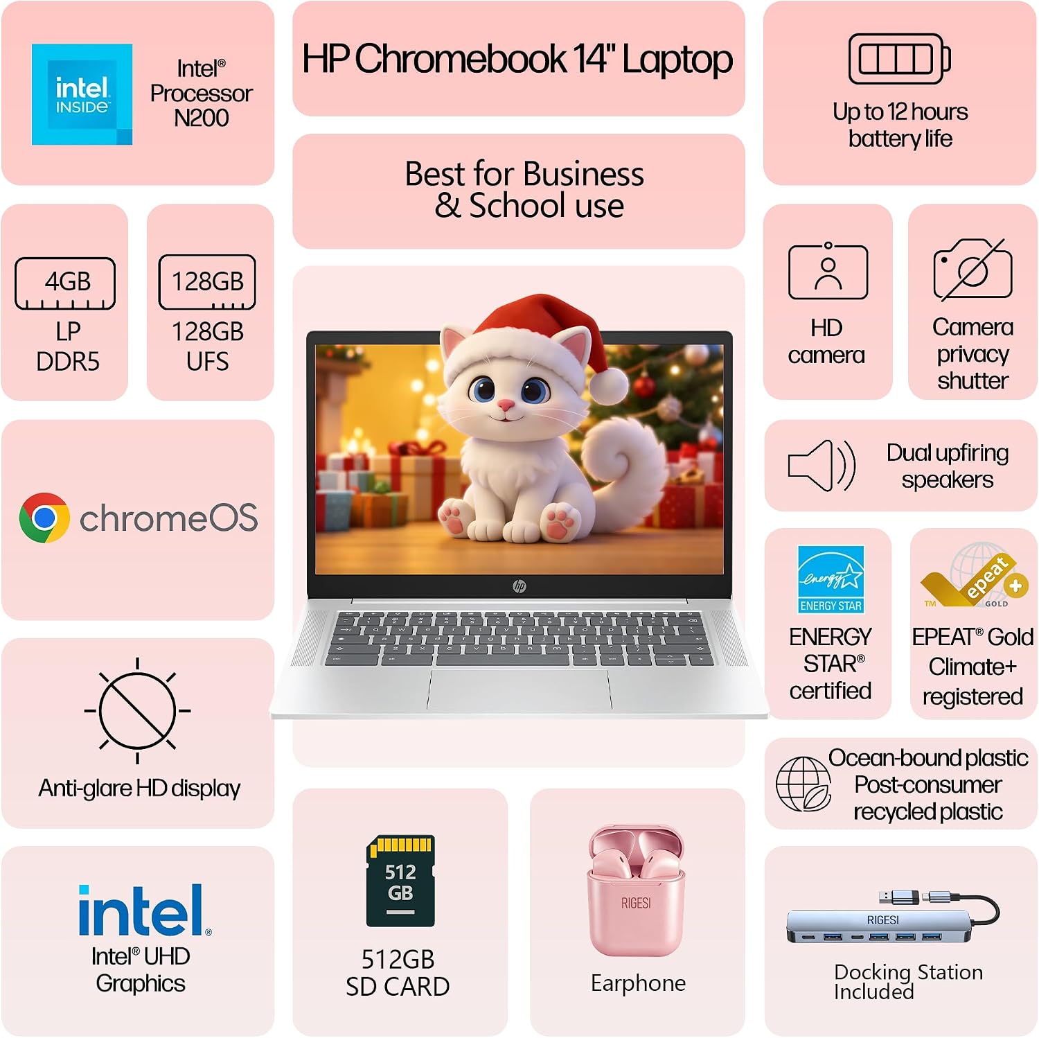 HP Business & Education Chromebook – Cloud-First Workflows, Intel Processor N200, 4GB RAM, 640GB (128GB UFS+512 GB SD Card) Storage, 14' HD, ChromeOS, Docking Station & Earphones (Sliver)
