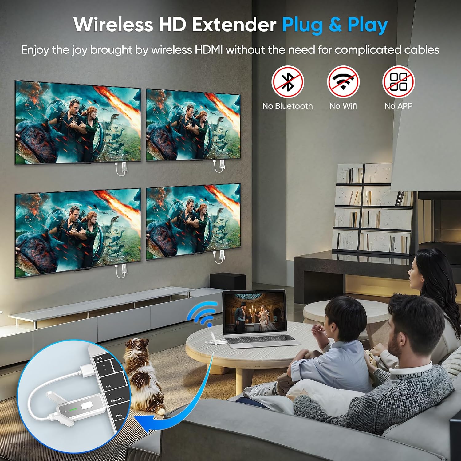 Wireless HDMI Transmitter and 4 Receivers, Up to 6 RXs,No Hot, 150M/500FT, Plug & Play,2.4/5GHz Wirelessly Casting Content to Multiple Screens, Wireless HDMI Splitter for TV/Projector/Laptop (Sliver)