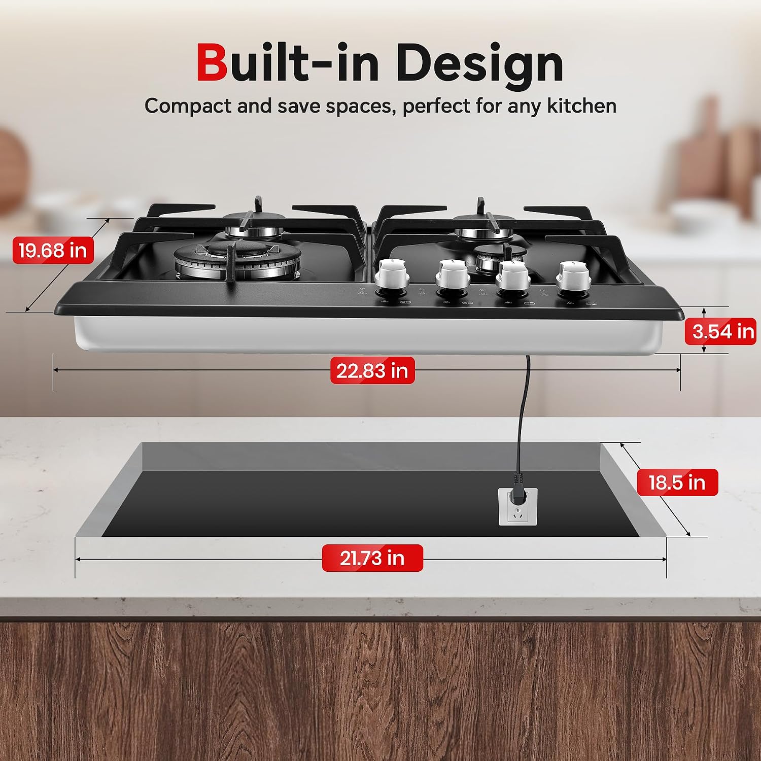 Gas Stove Top 24 inch Eascookchef, 24 inch Gas Cooktop 4 Burner, Bulit-in Stove Top NG/LPG Convertible, Upgrade Black Enamel Propane Cooktop with Thermocouple Protection