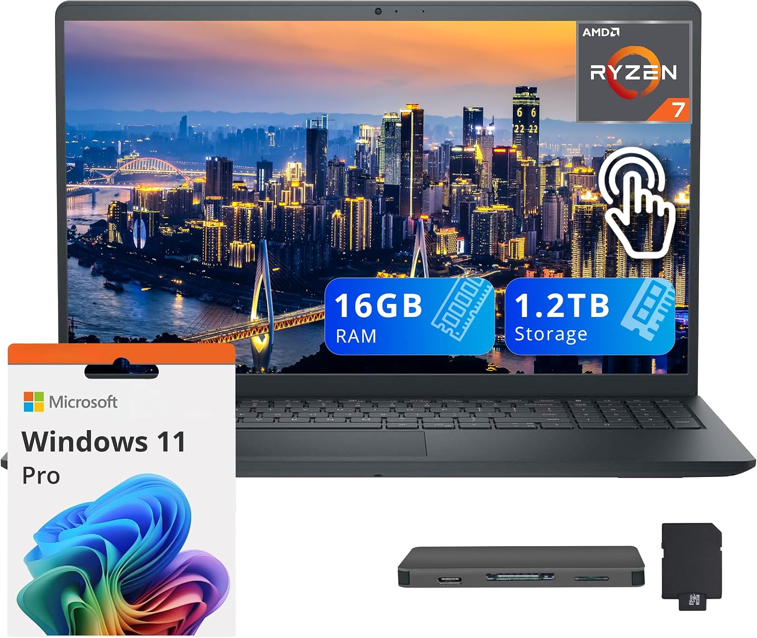 Dell Inspiron 15.6' FHD Touchscreen Laptop, AMD Ryzen 7 7730U, 16GB RAM, 1.2TB Storage(256GB SSD+1TB Docking Station Set), AMD Radeon Graphics, Number Pad, Webcam, Win 11 Pro, Black