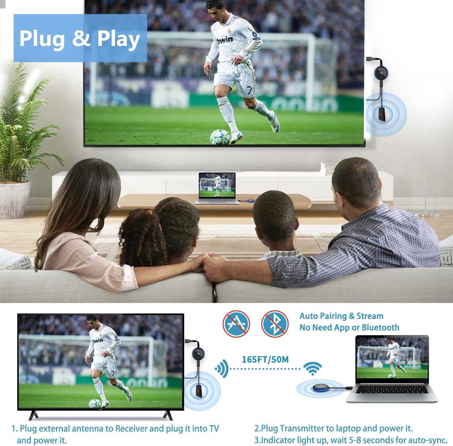 AIMIBO Wireless HDMI Transmitter and Receiver 4K, 2.4 & 5G, Plug & Play HDMI Wireless Extender Smooth Casting Video/Audio for Laptop, PC, Cable Box, Camera, Blu-ray, DVD to Monitor, Projector, HDTV