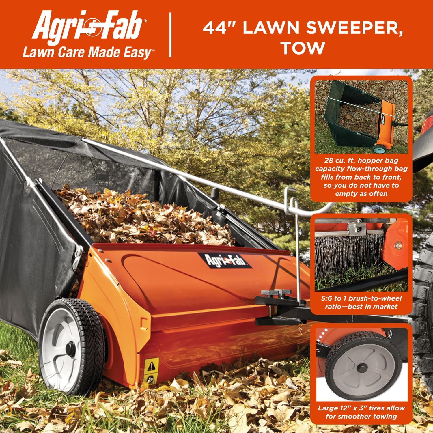 Agri-Fab 45-0492 44' Tow-Behind Lawn Sweeper, 28 cu. ft Hopper Bag Capacity; Leaf & Grass Catcher, with Adjustable Brush Height and Dump From Seat Handle