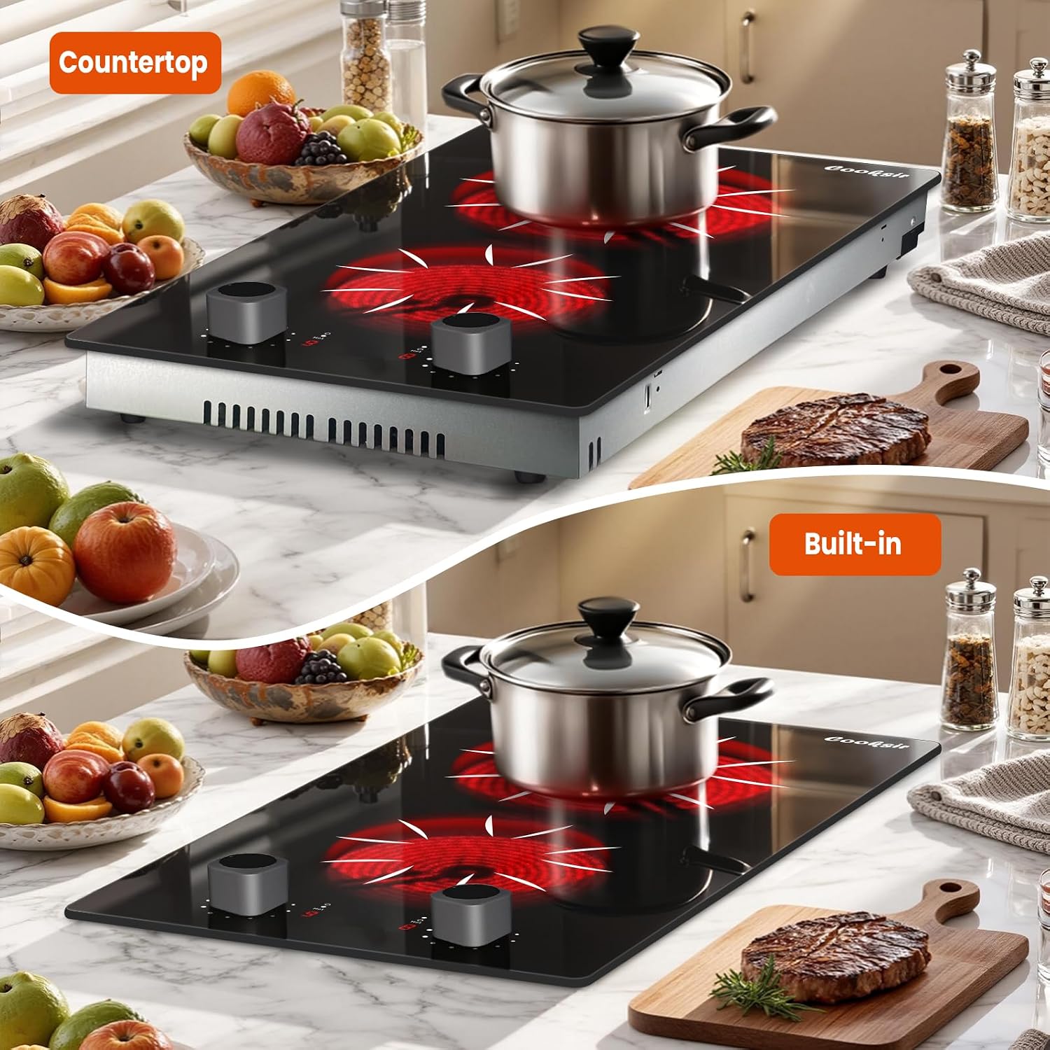 2 Burner Electric Cooktop - 12 Inch 2000W Electric Stove Built-in & Countertop, Two Burner Ceramic Cooktop with Knob Control, 9 Power Level, Over Heat Protection, 110-120V Plug in (Grey Konb)