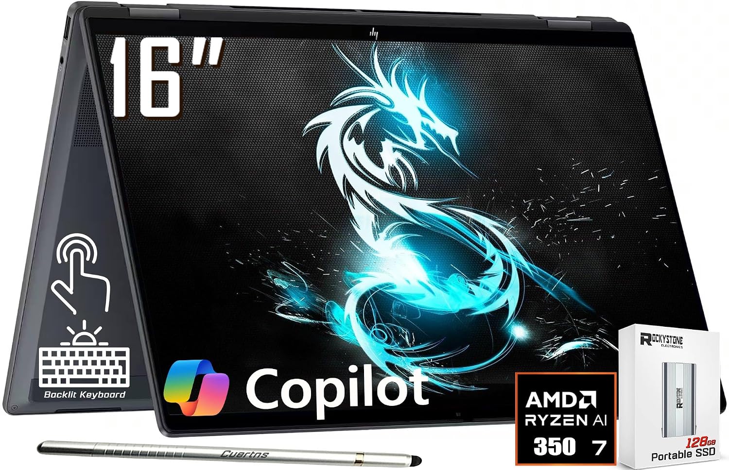 HP OmniBook X Flip 2-in-1 Copilot+ AI PC Laptop, 16' 2K Touchscreen, AMD 8-Core Ryzen AI 7 350(>Intel i7-1355U), 24GB LPDDR5X, 1TB Gen4 SSD, 5MP IR Webcam, Backlit KB, W/128GB PSD&Stylus, Win11 Home