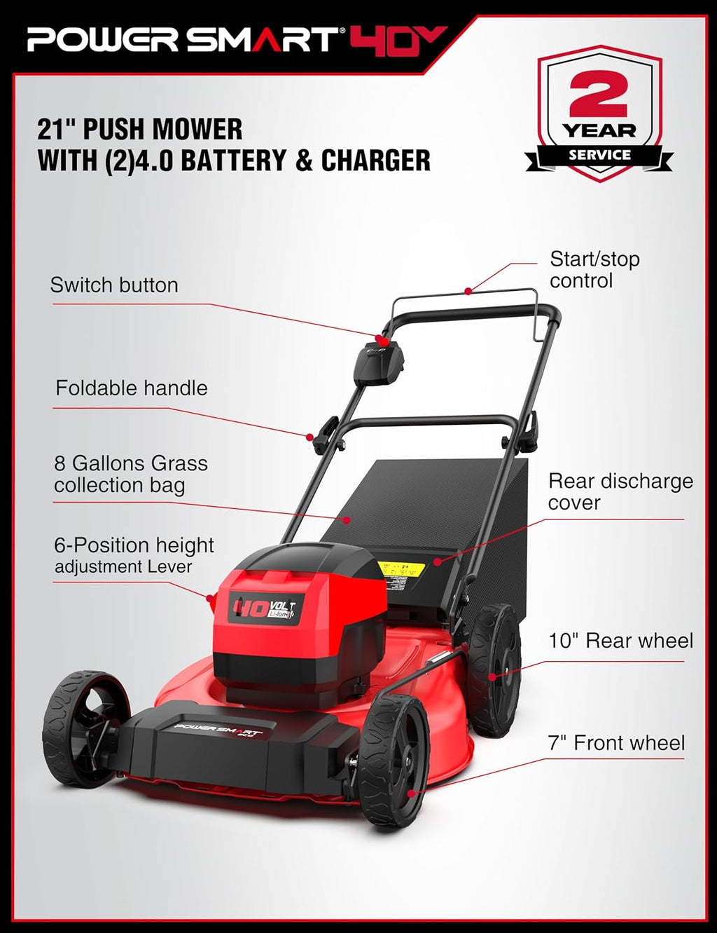 PowerSmart 40V 21' Cordless Push Lawn Mower with 2 x 4.0ah Batteries and Charger, up to 1/4 Acre (MB2400B)