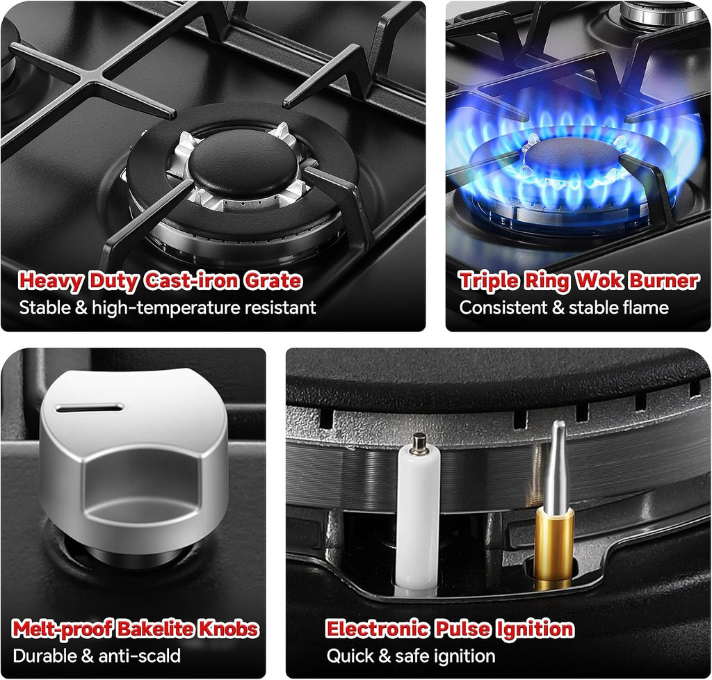 Gas Stove Top 24 inch Eascookchef, 24 inch Gas Cooktop 4 Burner, Bulit-in Stove Top NG/LPG Convertible, Upgrade Black Enamel Propane Cooktop with Thermocouple Protection