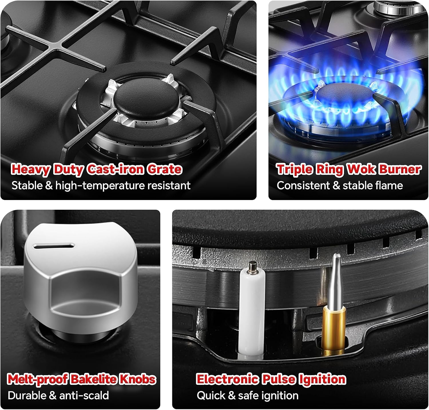 Gas Stove Top 24 inch Eascookchef, 24 inch Gas Cooktop 4 Burner, Bulit-in Stove Top NG/LPG Convertible, Upgrade Black Enamel Propane Cooktop with Thermocouple Protection