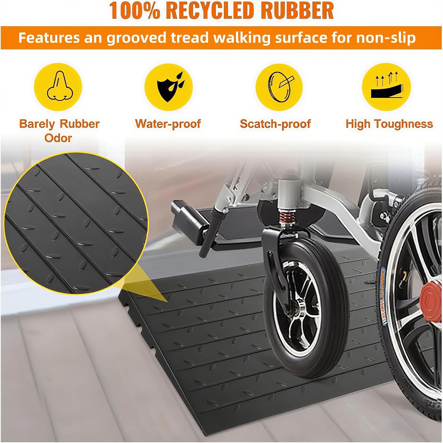 4' Rise Threshold Ramp for Doorway, 2500LBS Capacity 3 Channels Cord Cover Rubber Curb Ramp, Angled Entry Rated Handicap Ramps for Wheelchair and Scooter