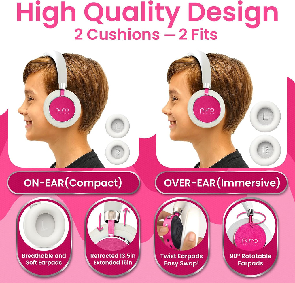 Puro Sound Labs BT2200 Plus Volume Limited Headphones for Kids - Bluetooth, Studio-Grade Audio, Over-Ear & Comfy Design, 20-Hour Battery Life, Easy to Connect Wireless Headphones for Kids, Blue & Pink